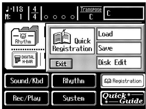 J=118 | 4/4 | Transpose C C M: 1 Rhythm Digital H-BAR Quick Registration Exit Load Save Disk Edit Sound/Kbd Rhythm Rec/Play System Registration Quick* Guide