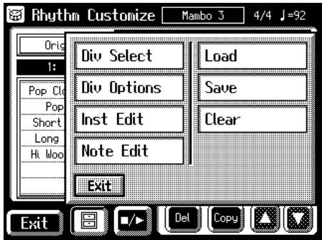 Rhythm Customize Mambo 3 4/4 J=92 Orig 1: Pop Cl Pop Short Long Hi Woo Div Select Load Div Options Save Inst Edit Clear Note Edit Exit Exit
