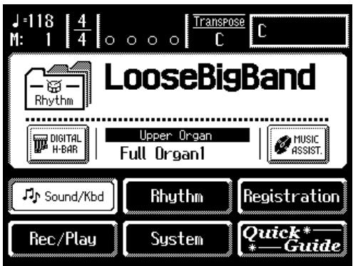 J=118 | 4/4 | Transpose C C M: 1 | ○ ○ ○ | LooseBigBand Rhythm DIGITAL H-BAR | Upper Organ Full Organ1 | MUSIC ASSIST. Sound/Kbd Rhythm Registration Rec/Play System Quick *— Guide