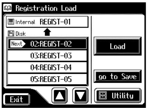 Registration Load Internal REGIST-01 Disk Next 02:REGIST-02 03:REGIST-03 04:REGIST-04 05:REGIST-05 Load go to Save Exit Utility