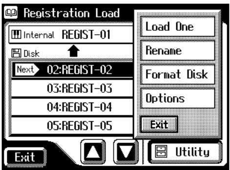 Registration Load Internal REGIST-01 Disk Next 02:REGIST-02 03:REGIST-03 04:REGIST-04 05:REGIST-05 Load One Rename Format Disk Options Exit Exit Utility