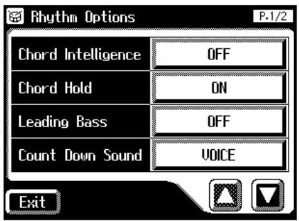 Rhythm Options P-1/2 Chord Intelligence OFF Chord Hold ON Leading Bass OFF Count Down Sound VOICE Exit