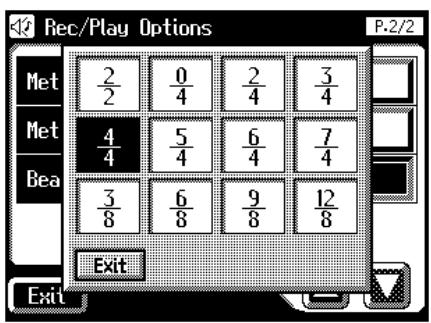 Rec/Play Options P-2/2 Met 0/4 2/4 3/4 Met 4/4 5/4 6/4 7/4 Bea 3/8 6/8 9/8 12/8 Exit