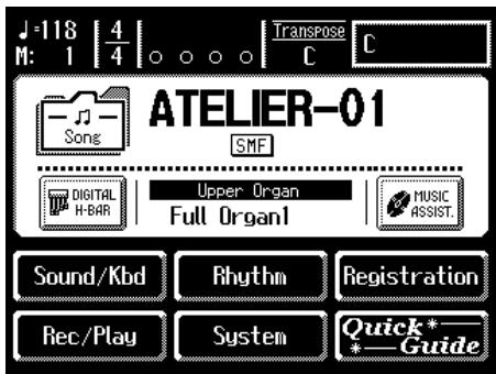 118 M: 1 | 4/4 | Transpose C C ATELIER-01 SMF DIGITAL H-BAR | Upper Organ Full Organ1 | MUSIC ASSIST. Sound/Kbd Rhythm Registration Rec/Play System Quick* Guide