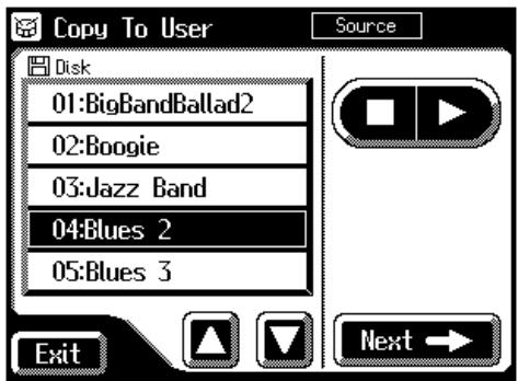 Copy To User Disk 01:BigBandBallad2 02:Boogie 03:Jazz Band 04:Blues 2 05:Blues 3 Exit Source Next →