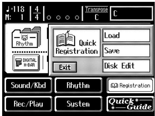 J=118 | 4/4 | TransPose C M: 1 Rhythm Digital H-8AR Quick Registration Exit Load Save Disk Edit Sound/Kbd Rhythm Registration Rec/Play System Quick* Guide