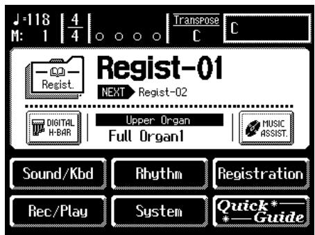 J=118 | 4 M: 1 | 4 Transpose C C Regist-01 NEXT Regist-02 DIGITAL H-BAR Upper Organ Full Organ1 MUSIC ASSIST. Sound/Kbd Rhythm Registration Rec/Play System Quick*—Guide