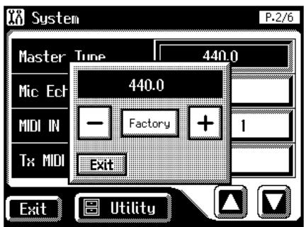 System P.2/6 Master Tune 440.0 Mic Ech 440.0 MIDI IN — Factory + 1 Tx MIDI Exit Exit Utility