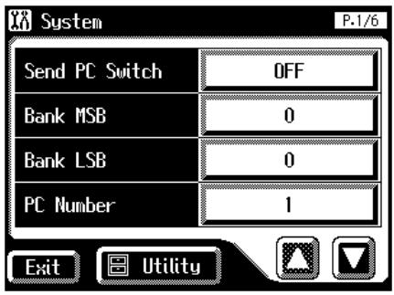 System P.1/6 Send PC Switch OFF Bank MSB 0 Bank LSB 0 PC Number 1 Exit Utility