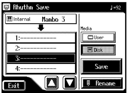 Rhythm Save Internal Mambo 3 1:---- 2:---- 3:---- 4:---- Media User Disk Save Rename Exit