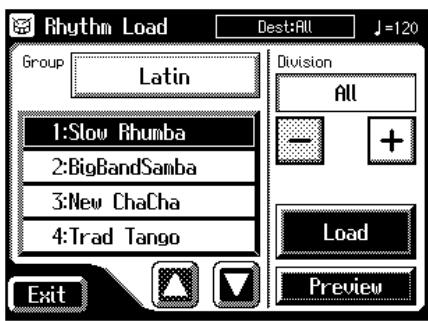 Rhythm Load Dest:All J=120 Group Latin Division All - + Load Preview 1:Slow Rhumba 2:BigBandSamba 3:New ChaCha 4:Trad Tango Exit