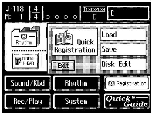 J=118 | 4/4 | Transpose C M: 1 Rhythm Digital H-BAR Quick Registration Exit Load Save Disk Edit Sound/Kbd Rhythm Rec/Play System Registration Quick*- * Guide