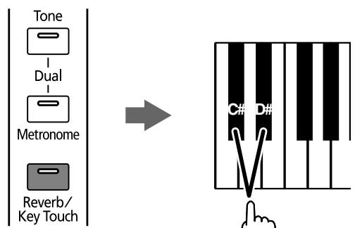 ROLAND HP-101E - Halten Sie den [Reverb/Key Touch]-Taster gedrückt, während Sie die "C#" - oder "D#" - Taste betätigen. - 1