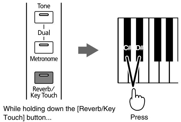 ROLAND HP-101E - Hold down the [Reverb/Key Touch] button and press the "C#" or "D#" key. - 1