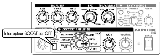 EQUALIZER BASS MIDDLE TREBLE EFX FLANGER PHASER DELAY/REVERB RHYTHM GUIDE START/STOP PATTERN VOLUME COASTERY BALAGS TAP TEMPOR RIOCA1 RETUMORE 0 10 0 15 0 20 0 25 0 30 0 35 0 40 0 45 0 50 0 55 0 60 0 65 0 70 0 75 0 80 0 85 0 90 0 95 0 100 EASM AMPLIFIER BLACK PANEL BRIT COMBO CLASSIC STACK JC CLEAN METAL ACQUISIC SIM R-FIER MIC GAIN VOLUME AMCRO CUBE EX POWER Interrupteur BOOST sur OFF
