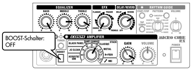 EQUALIZER BASS MIDDLE TREBLE EFX DELAY/REVERB RHYRTH GUIDE FLANGER PHASER DELAY REVERB START/STOP PATTERN VOLUME CHROM OFF FREMOLD OFF TAP COUNTRY CALLS TAP TEMPO VOICE MACROLO METROPOL MACROLO EDSM AMPLIFIER TUNER BLACK PANEL BMT COMBO CLASSIC STACK JC CLEAN MIC METAL ACQUESIC SIM R-FIER MIC GAIN VOLUME POWER BOOST-Schalter: OFF MICRO CODE RX
