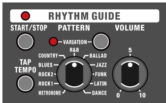 RHYTH GUIDE START/STOP PATTERN VOLUME TAP TEMPOR VARIATION R&B BALLAD COUNTRY BLUES ROCK2- ROCK1- METRONOME JAZZ FUNK LATIN DANCE 5 0 10