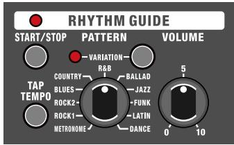 RHYTHM GUIDE START/STOP PATTERN VOLUME TAP TEMPO VARIATION R&B BALLAD COUNTRY JAZZ BLUES FUNK ROCK2+ FATIN ROCK1- METRONOME DANCE 0 10