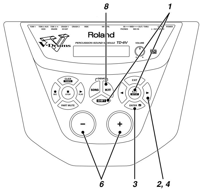 TOM 1 TOM2/AUX TOM 3/4 CRASH 1 CRASH 2 RIDE HR RL IN——MDI——OUT/THRU F KICK SNARE HI-HAT PHONES MIX IN L—OUT/THRU POWER Roland V-Drums PERCUSSION SOUND A MODULE TD-6V VOLUME 0 ° 9 1 CLICK TEMPOL STOP PLAY PART MUTE DEMC SONG KIT SHIFT EXIT + - 6 3 2, 4