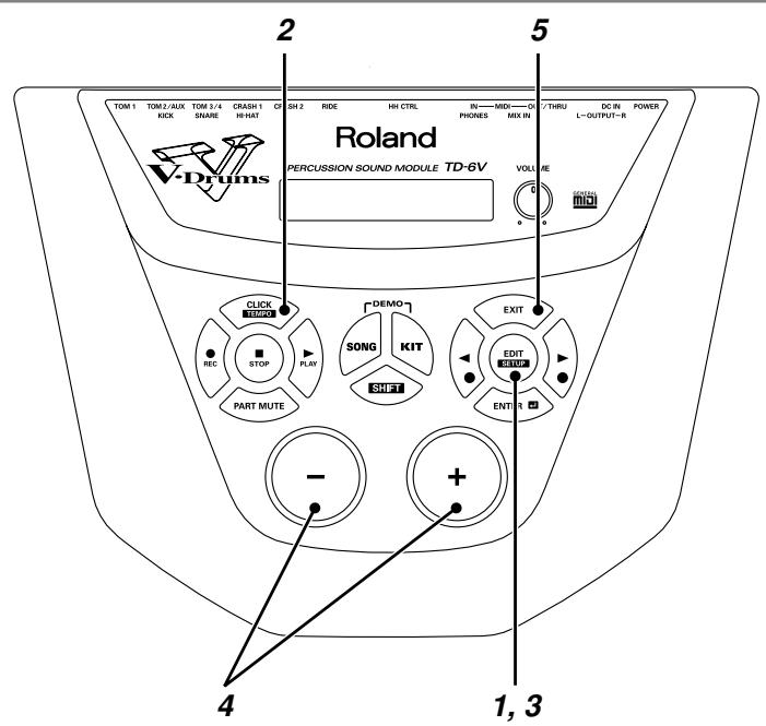 TOM 1 TOM 2/AUX TOM 3/4 CRASH 1 GH SH 2 RIDE HH CTRL IN—MIX—O THRU DC IN POWER KICK SNARE HH HAT PHONES MIX IN L-OUTPUT-R Roland PERCUSSION SOUND MODULE TD-6V VOLUME CALL YELLOW DEMO SONG KIT SHIFT EXIT PART MUTE REC STOP PLAY - + 4 1, 3