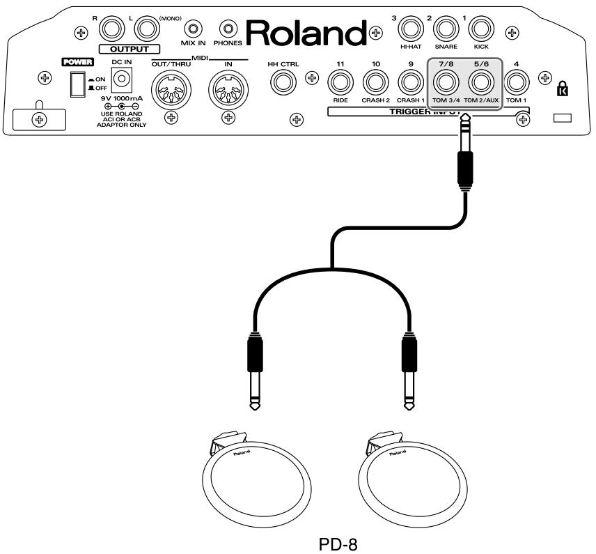 R L (MOND) MIX IN PHONES OUTPUT MIDI IN HH CTRL 11 10 9 7/8 5/6 4 HI HAT SNARE KICK POWER DC IN OUT/THRU 9V 1000mA USE ROLAND ACI OR ACB ADAPTOR ONLY RIDE CRASH 2 CRASH 1 TOM 3/4 TOM 2/AUX TOM 1 TRIGGER INF.C PD-8