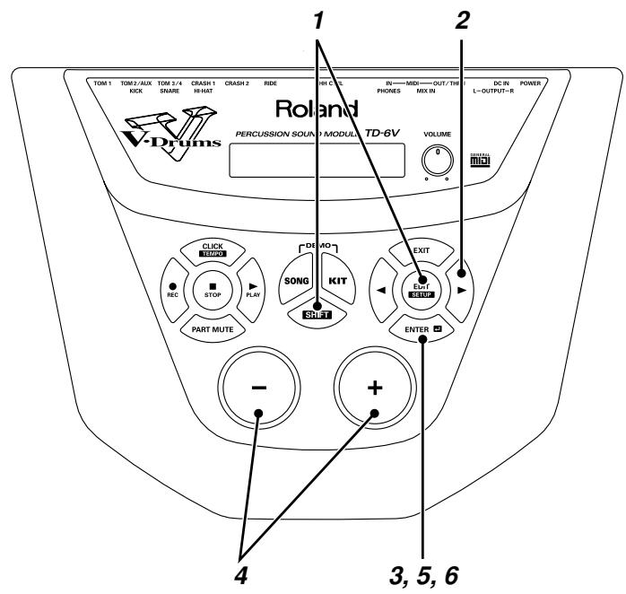 TOM 1 TOM2/AUX TOM 3/4 CRASH 1 CRASH 2 RIDE KICK SNARE HI-HAT V-Drums PERCUSSION SOUND MODULE TD-6V VOLUME 1 2 IN—MIDI—OUT/THE PHONES MIX IN DC IN POWER L—OUTPUT-R CALL MO CLICK STOP PART MUTE DO SONG KIT SHIFT EXIT EXIT ENTER - + 4 3, 5, 6