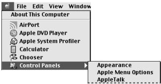 File Edit View Window About This Computer AirPort Apple DVD Player Apple System Profiler Calculator Chooser Control Panels Appearance Apple Menu Options AppleTalk