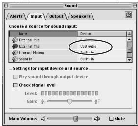 Sound Alerts Input Output Speakers Choose a source for sound input: Name Value Device External Hic USB Audio Internal Modem Built-in Sound In Built-in Settings for input device and source Play sound through output device Check signal level Level: 0.125 Gain: 0.125 Main Volume: 0.125 Mute