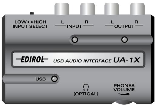 LOW • HIGH INPUT SELECT L INPUT R L OUTPUT R EDIROL= USB AUDIO INTERFACE UA-1X USB (OPTICAL) PHONES VOLUME