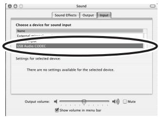 Sound Sound Effects Output Input Choose a device for sound input Name: External USB Audio CODEC Settings for selected device: There are no settings available for the selected device. Output volume: Mute Show volume in menu bar