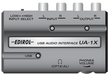 LOW••HIGH INPUT SELECT L INPUT R L OUTPUT R =EDIROL= USB AUDIO INTERFACE UA-1X USB (OPTICAL) PHONES VOLUME