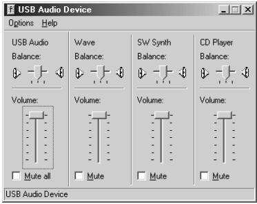 USB Audio Device Options Help USB Audio Balance: Wave Balance: SW Synth Balance: CD Player Balance: Volume: Mute all Volume: Mute Volume: Mute Volume: