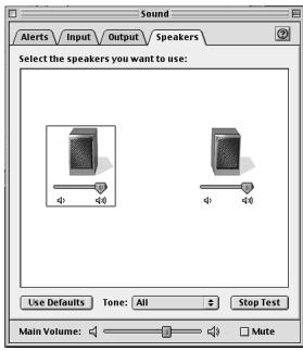 Sound Alerts Input Output Speakers Select the speakers you want to use: Use Defaults Tone: All Stop Test Main Volume: Mute
