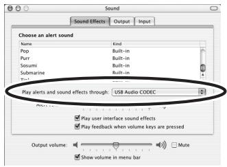 Sound Sound Effects Output Input Choose an alert sound Name Kind Pop Built-in Purr Built-in Sorumi Built-in Submarine Built-in Play alerts and sound effects through: USB Audio CODEC Play user interface sound effects Play feedback when volume keys are pressed Output volume: Mute Show volume in menu bar