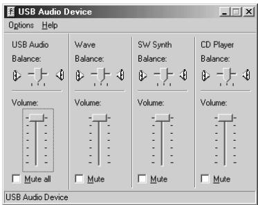 USB Audio Device Options Help USB Audio Balance: Wave Balance: SW Synth Balance: CD Player Balance: Volume: Volume: Volume: Volume: Mute all Mute Mute Mute USB Audio Device