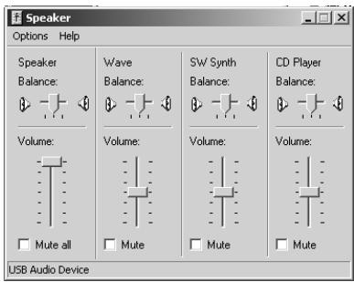 Speaker Options Help Speaker Balance: Wave Balance: SW Synth Balance: CD Player Balance: Volume: Volume: Volume: Volume: Mute all Mute Mute Mute USB Audio Device