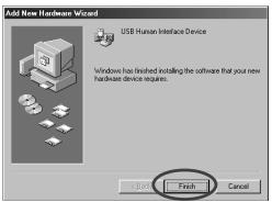 Add New Hardware Wizard USB Human Interface Device Windows has finished installing the software that your new hardware device requires. Finish Cancel