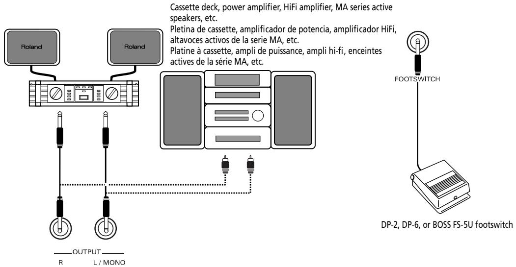 Cassette deck, power amplifier, HiFi amplifier, MA series active speakers, etc. Pletina de cassette, amplificador de potencia, amplificador HiFi, altavoces activos de la serie MA, etc. Platine à cassette, ampli de puissance, ampli hi-fi, enceintes actives de la série MA, etc. OUTPUT R L / MONO FOOTSWITCH DP-2, DP-6, or BOSS FS-5U footswitch