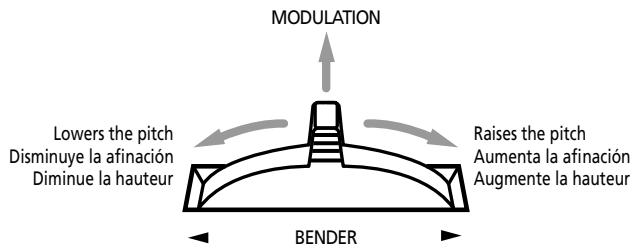 MODULATION Lowers the pitch Disminuye la afinación Diminue la hauteur Raises the pitch Aumenta la afinación Augmente la hauteur BENDER