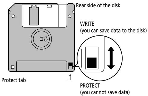 Rear side of the disk WRITE (you can save data to the disk) PROTECT (you cannot save data) Protect tab