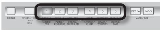 1 2 3 4 5 6 DEC/- INC/+ SPECIAL TONE ON OFF= SYNTH/ PAD PIANO/ KEYBOARD ORGAN/ ACCORDION STRINGS/ CHORI BRASS/ W WINDS GUTAR/ BASS VARIATION