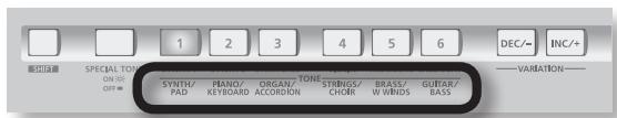 SPECIAL TONE ON OFF# SYNTH/ PAD PIANO/ KEYBOARD ORGAN/ ACCORDON STRINGS/ CHORD BRASS/ W WINDS GUITAR/ BASS DEC/- INC/+ VARIATION-