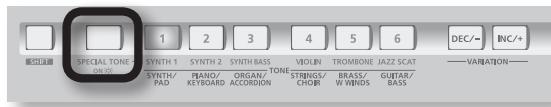 SPECIAL TONE 1 2 3 4 5 6 DEC/- SYNTH 1 SYNTH 2 SYNTH BASS VIOUN TROMBONE JAZZ SCAT ——VARIATION— SYNTH/PAD PLANO/ KEYBOARD ORGAN/ ACCORDION STRINGS/ CHOR BRASS/ W WINDS GUITAR/ BASS