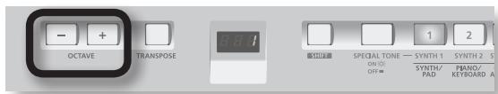 - + OCTAVE TRANSPOSE SYNTH 1 SPECIAL TONE — SYNTH 1 ON ON OFF= SYNTH/ PAD PANO/ KEYBOARD A