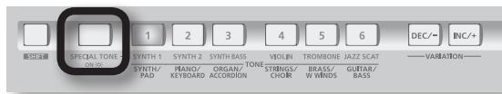 SPECIAL TONE SYNTH 1 SYNTH 2 SYNTH BASS VOLUN TROMBONE JAZZ SCAT DEC/- INC/+ SYNTH/PAD PIANO/KEYBOARD ORGAN/ACCORDION STRIINGS/CHOR BRASS/W WINDS GUITAR/BASS —VARIATION—