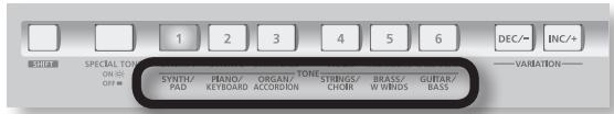 SHEET SPECIAL TONE ON/OFF: SYNTH/ PAD PIANO/ KEYBOARD ORGAN/ ACCORDIN TONE STRINGS/ CHORR BRASS/ W WINGS GUITAR/ BASS DEC/- INC/+ VARIATION-