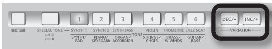 SPECIAL TONE — SYNTH 1 ON ON OFF = SYNTH/PAD Piano/KEYBOARD ORGAN/ACCORDIN TONE VIDOUN STRIBNS/CHOI BRASS/W WINDS JAZZ SCAT GUITAR/BASS DEC/- INC/+ — VARIATION—