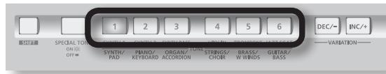1 2 3 4 5 6 SYNTH/PAD PIANO/KEYBOARD ORGAN/TONE ACCORDION STRINGS/CHORI BRASS/W WINDS GLUTAR/BASS DEC/- INC/+ VARIATION-