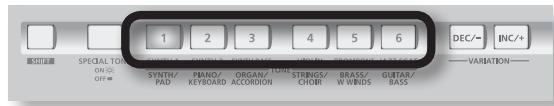 1 2 3 4 5 6 SPECIAL TONG ON ST OFF SYNTH/ PAD PIANO/ KEYBOARD ORGAN/TONG ACCORDION STRINGS/ CHOR BRASS/ W WINDS GUITAR/ BASS DEC/- INC/+ —VARIATION—