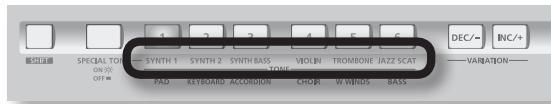 SPECIAL TON SYNTH 1 SYNTH 2 SYNTH BASS STONE VIOIN TROMBONE JAZZ SCAT PAD KEYBOARD ACCORDION CHOP W WINDS BASS DEC/- INC/+ VARIATION-